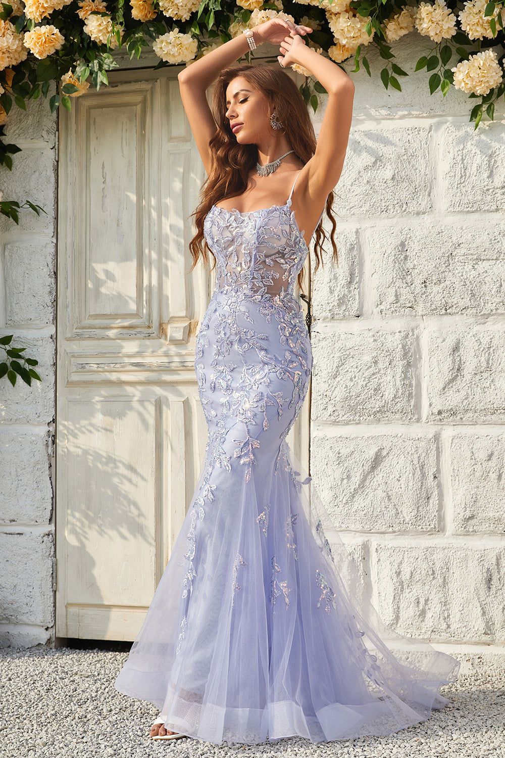 Mermaid Spaghetti Straps Purple Tulle Long Prom Dress With Appliques sold by Zapaka product image thumbnail 4