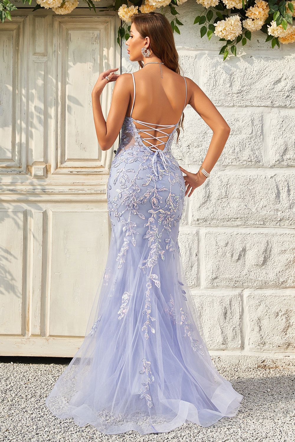 Mermaid Spaghetti Straps Purple Tulle Long Prom Dress With Appliques sold by Zapaka product image thumbnail 2