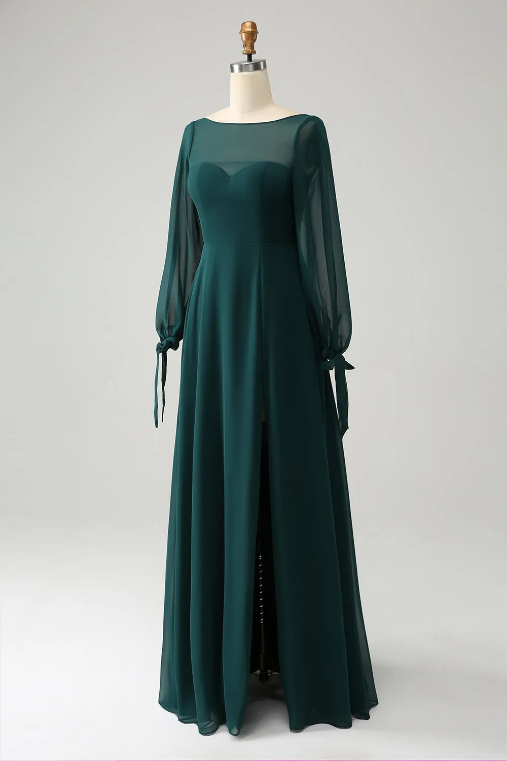 A Line Dark Green Bateau Neck Chiffon Bridesmaid Dress with Slit sold by Zapaka product image thumbnail 3
