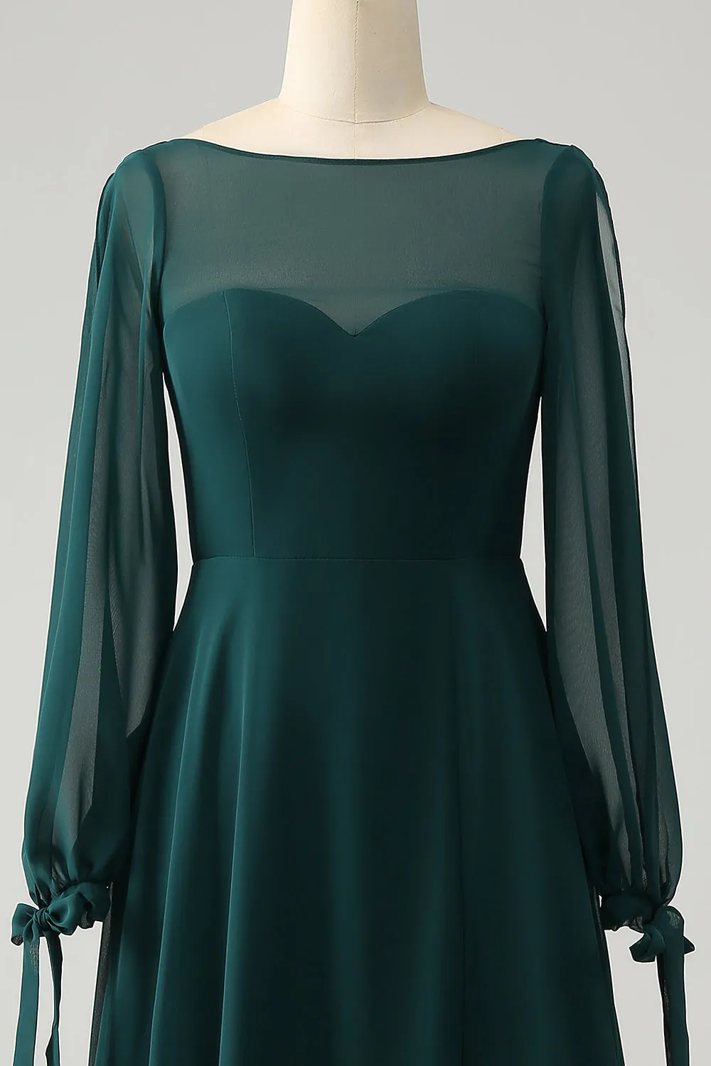 A Line Dark Green Bateau Neck Chiffon Bridesmaid Dress with Slit sold by Zapaka product image thumbnail 4