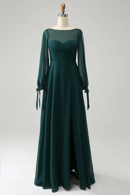 A Line Dark Green Bateau Neck Chiffon Bridesmaid Dress with Slit made by Zapaka