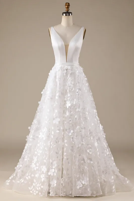 Ivory A-Line V-Neck Wedding Dress with 3D Flowers made by Zapaka