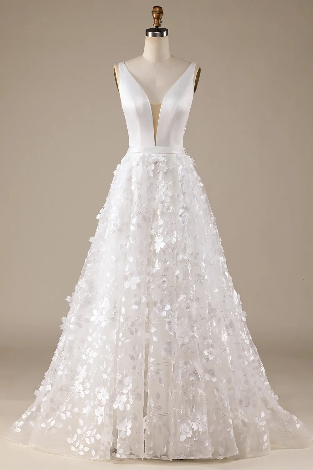 Ivory A-Line V-Neck Wedding Dress with 3D Flowers sold by Zapaka