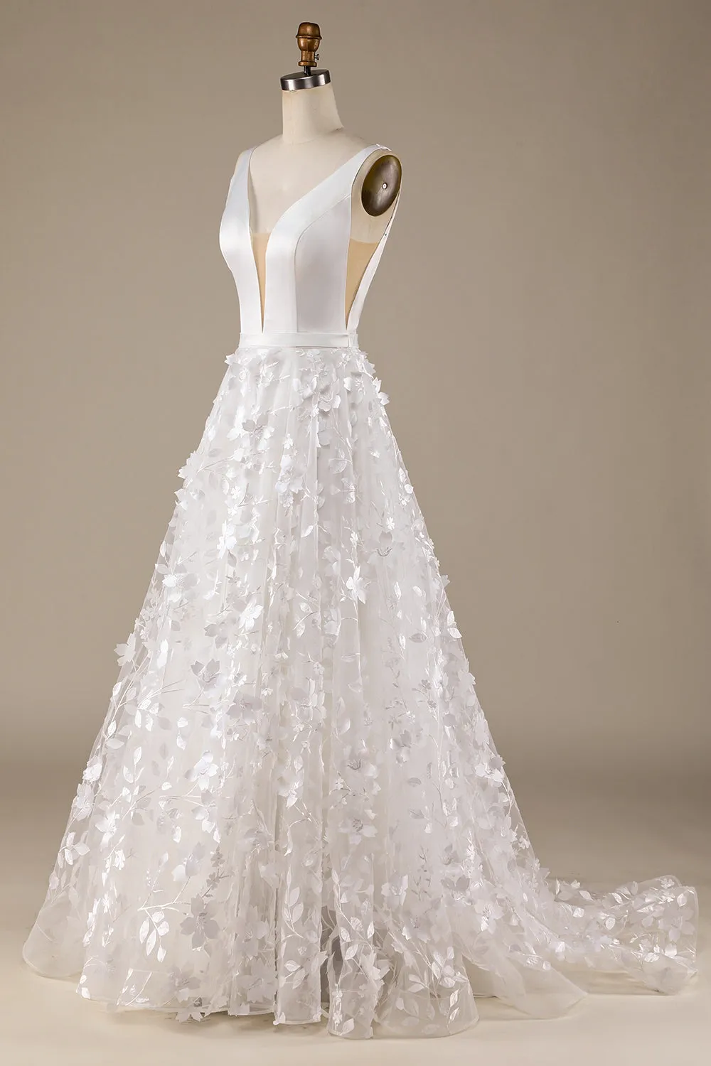 Ivory A-Line V-Neck Wedding Dress with 3D Flowers sold by Zapaka product image thumbnail 3