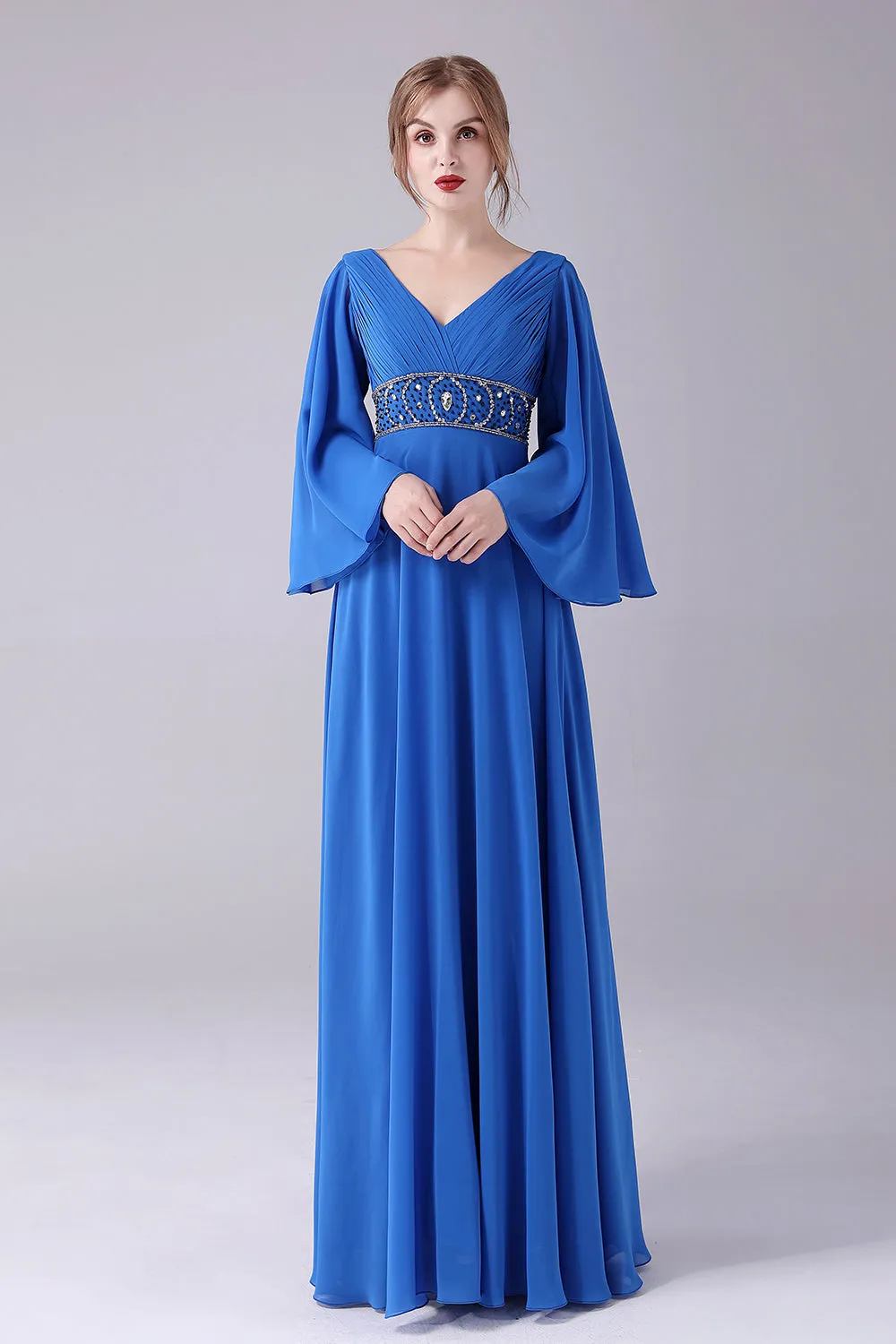 Royal Blue A-Line V-Neck Pleated Floor-Length Mother Of the Bride Dress With Beading sold by Zapaka