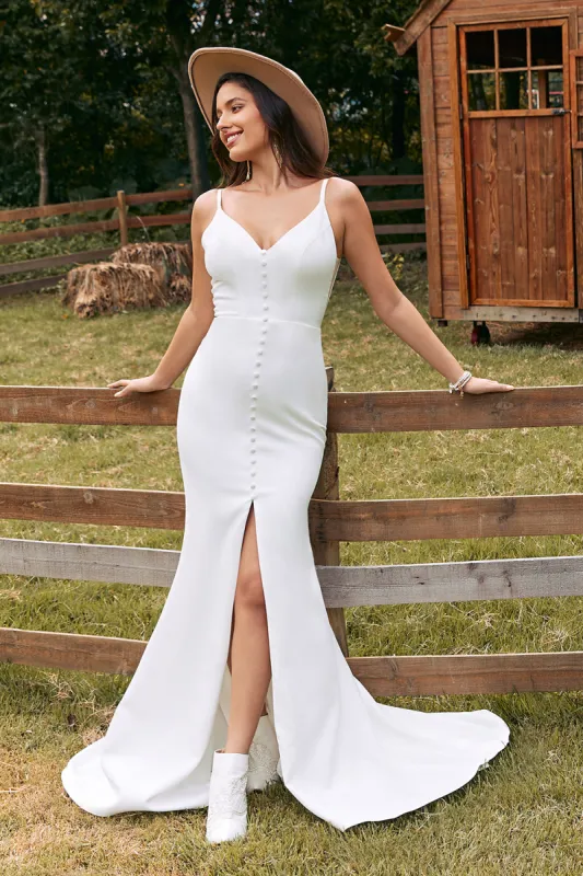 Simple Mermaid Ivory Button Wedding Dress with Slit sold by Zapaka