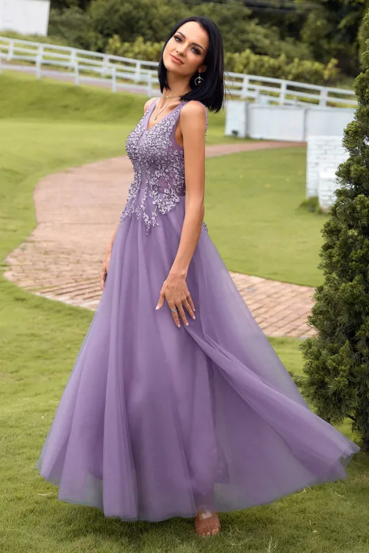 A Line V Neck Purple Long Prom Dress with Appliques sold by Zapaka