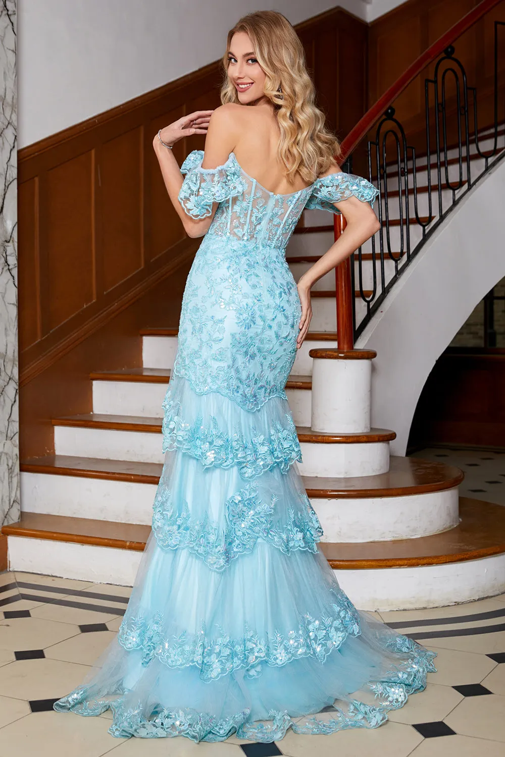 Stylish Mermaid Off the Shoulder Sky Blue Long Prom Dress with Lace Ruffles sold by Zapaka product image thumbnail 2