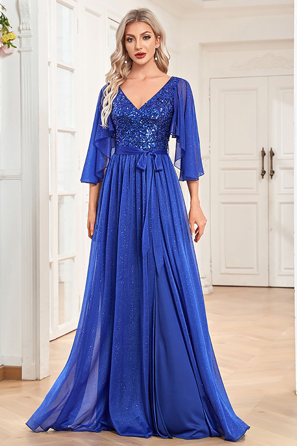 V-Neck Sequins Royal Blue Long Mother of the Bride Dress with Slit sold by Zapaka product image thumbnail 4