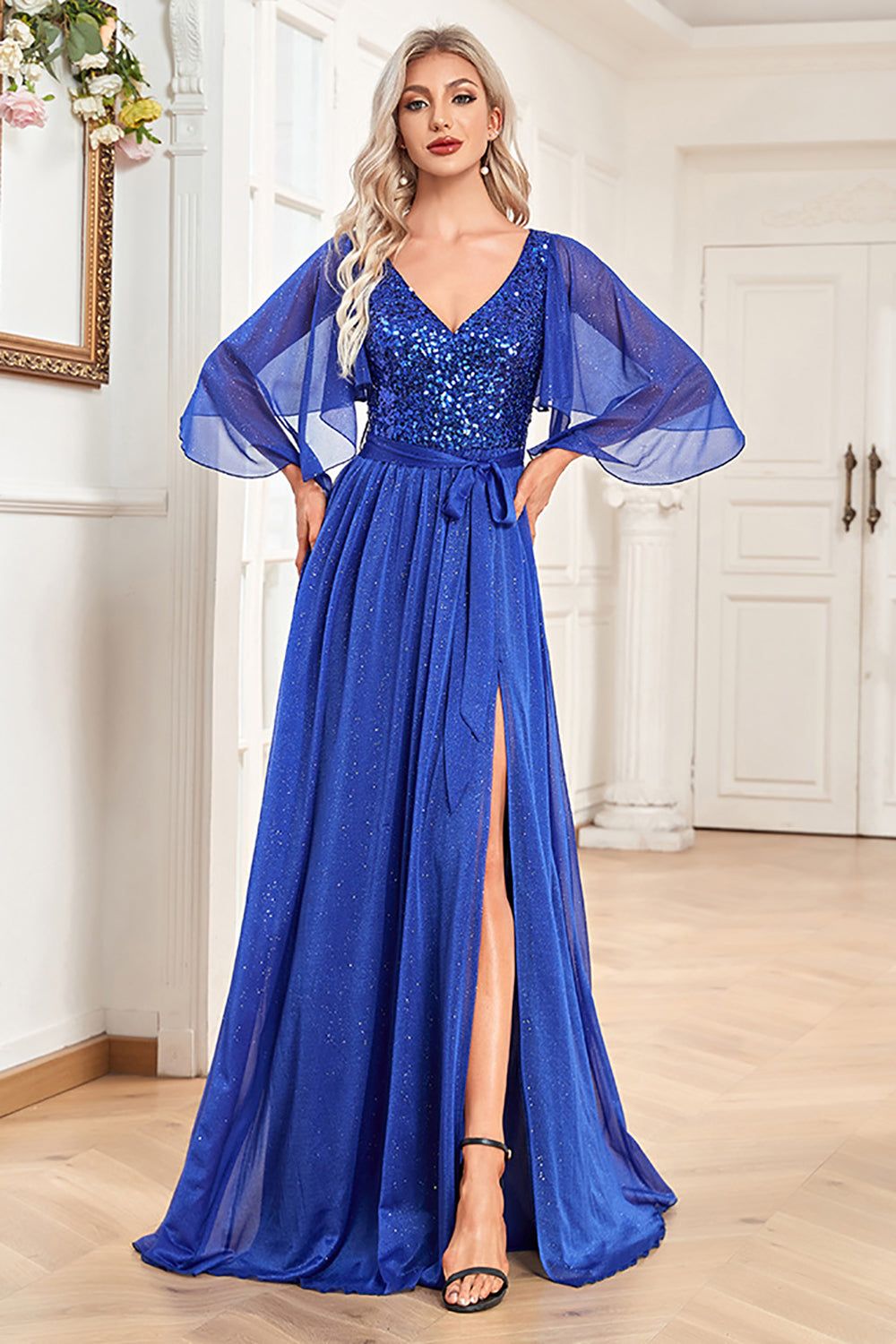 V-Neck Sequins Royal Blue Long Mother of the Bride Dress with Slit sold by Zapaka