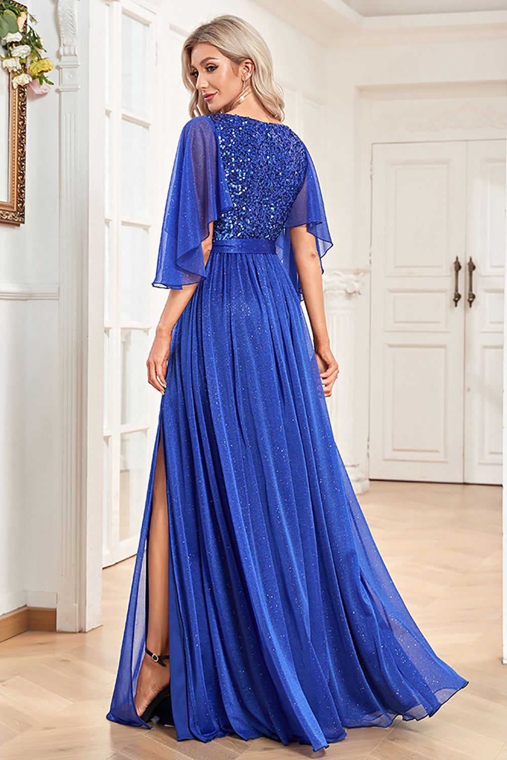 V-Neck Sequins Royal Blue Long Mother of the Bride Dress with Slit sold by Zapaka product image thumbnail 2