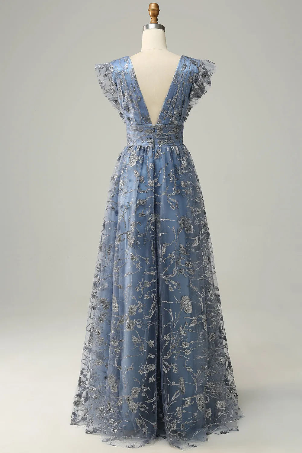 A Line Deep V Neck Grey Blue Plus Size Prom Dress with Embroidery sold by Zapaka product image thumbnail 2