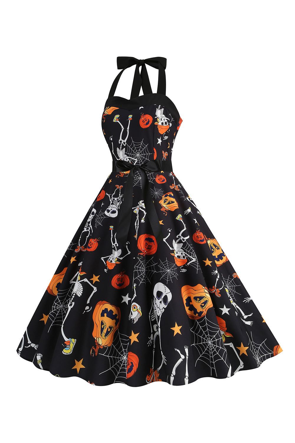 Black Halter Halloween Vintage Dress with Pumpkin Print sold by Zapaka product image thumbnail 3