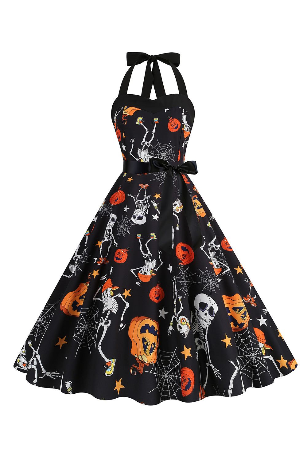 Black Halter Halloween Vintage Dress with Pumpkin Print sold by Zapaka