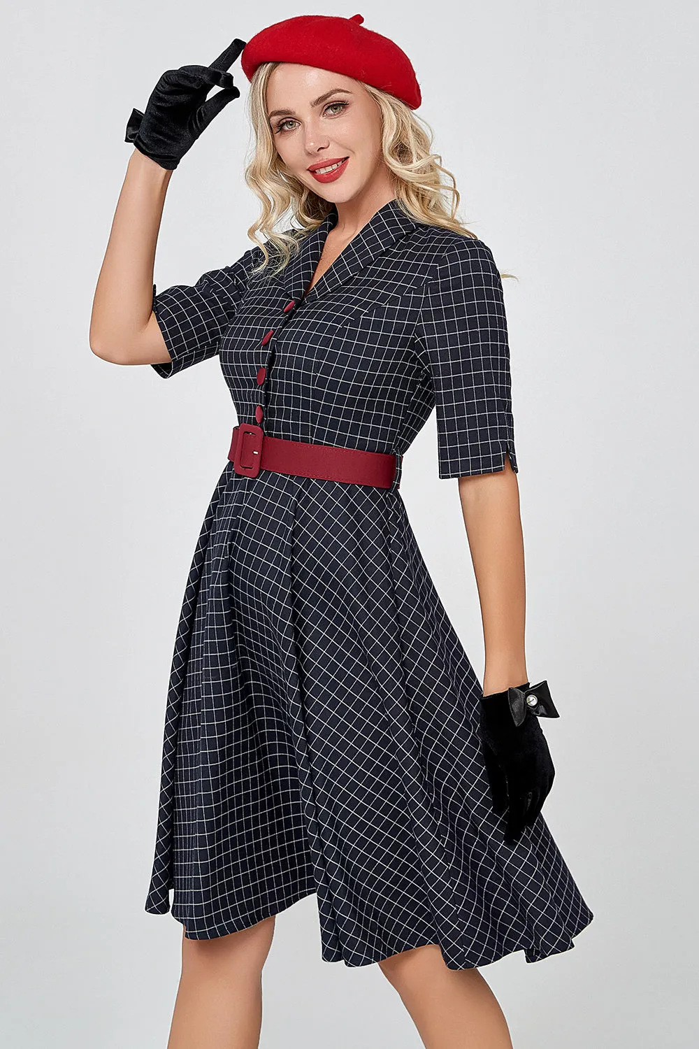 Navy Gingham Vintage 1950s Dress with Sleeves sold by Zapaka product image thumbnail 5