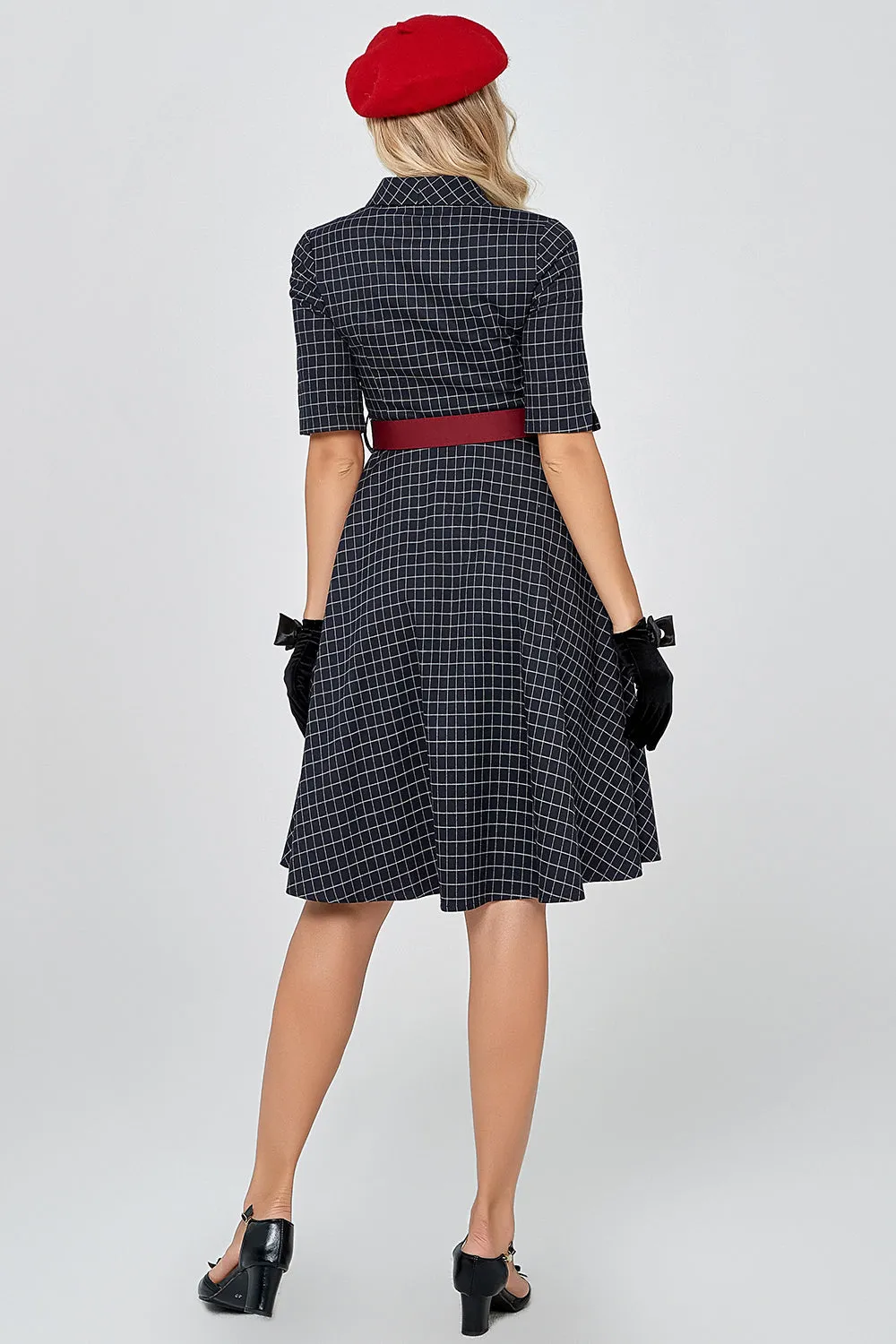 Navy Gingham Vintage 1950s Dress with Sleeves sold by Zapaka product image thumbnail 2