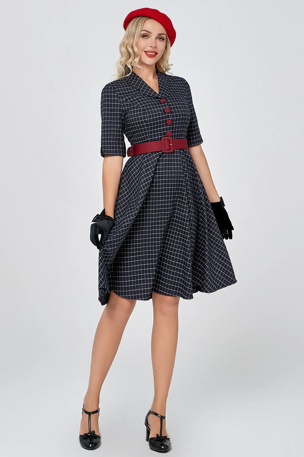 Navy Gingham Vintage 1950s Dress with Sleeves sold by Zapaka product image thumbnail 3