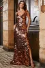 Sparkly Mermaid Spaghetti Straps Golden Split Front Sequins Long Prom Dress with Accessories Set sold by Zapaka