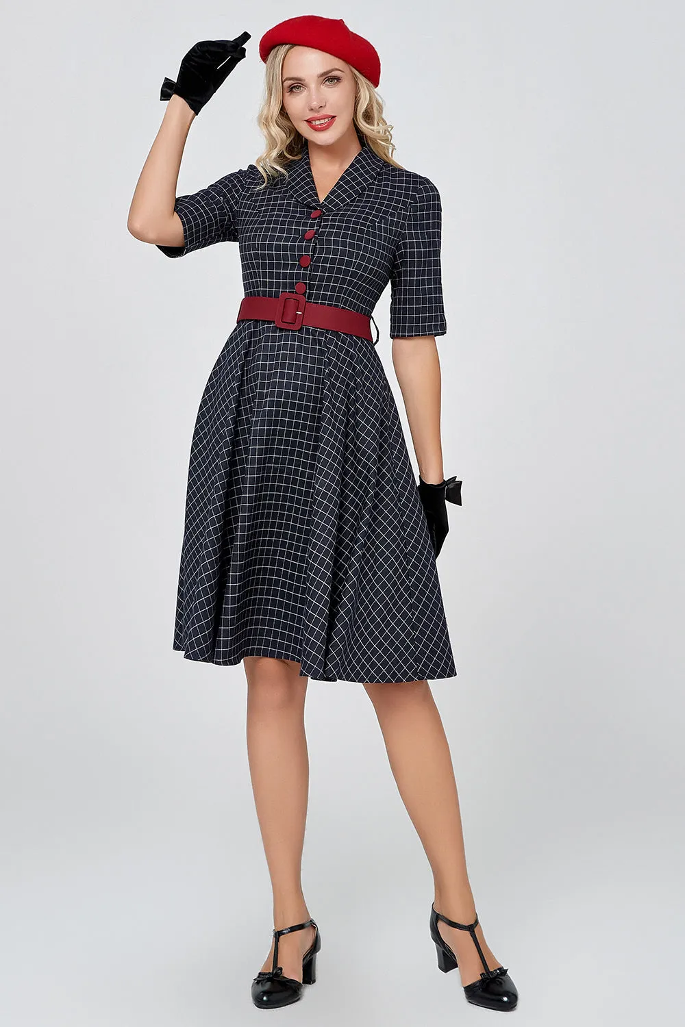 Navy Gingham Vintage 1950s Dress with Sleeves sold by Zapaka product image thumbnail 4