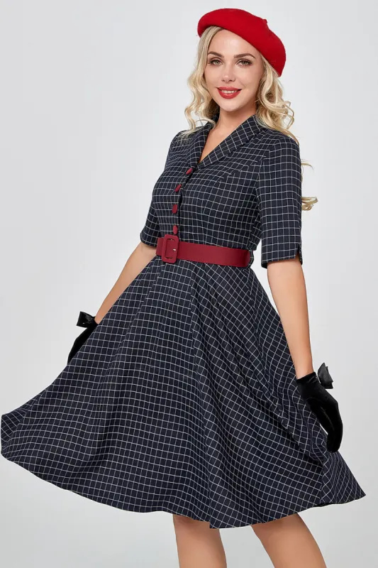 Navy Gingham Vintage 1950s Dress with Sleeves sold by Zapaka