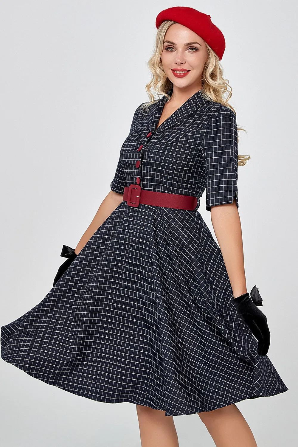 Navy Gingham Vintage 1950s Dress with Sleeves sold by Zapaka