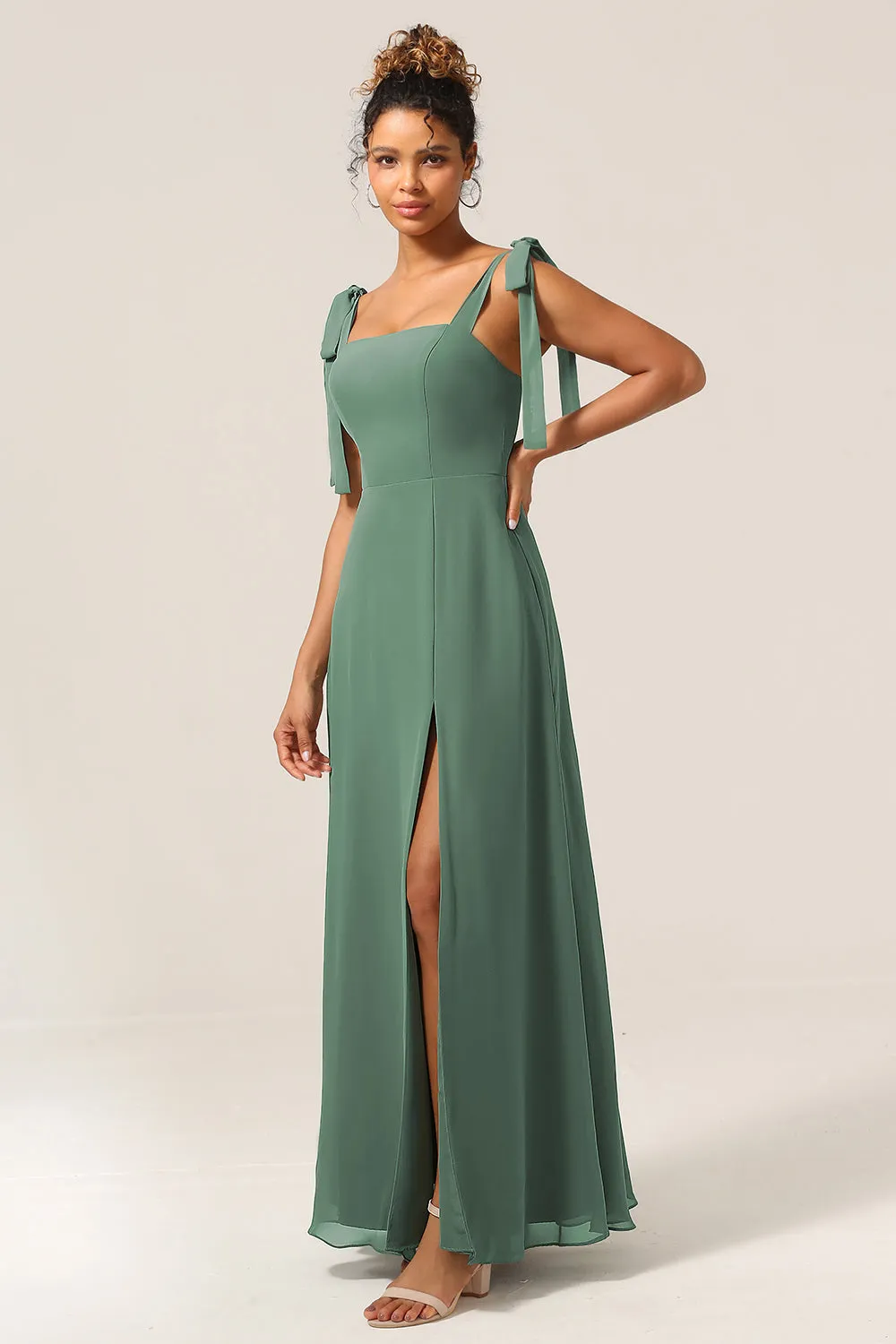 A Line Spaghetti Straps Eucalyptus Tie Straps Bridesmaid Dress With Slit sold by Zapaka product image thumbnail 3