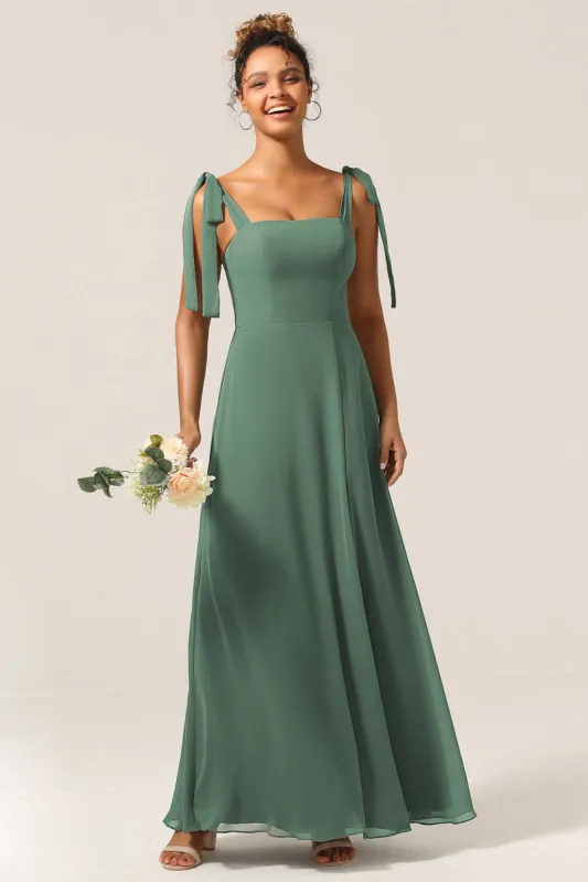 A Line Spaghetti Straps Eucalyptus Tie Straps Bridesmaid Dress With Slit sold by Zapaka