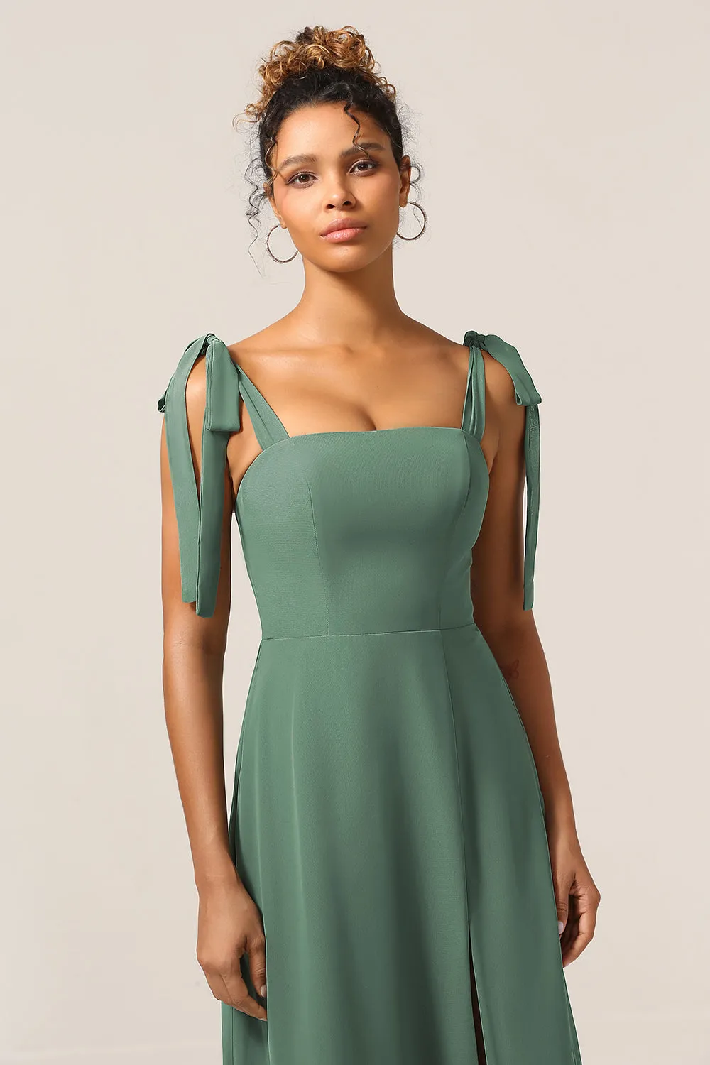 A Line Spaghetti Straps Eucalyptus Tie Straps Bridesmaid Dress With Slit sold by Zapaka product image thumbnail 4