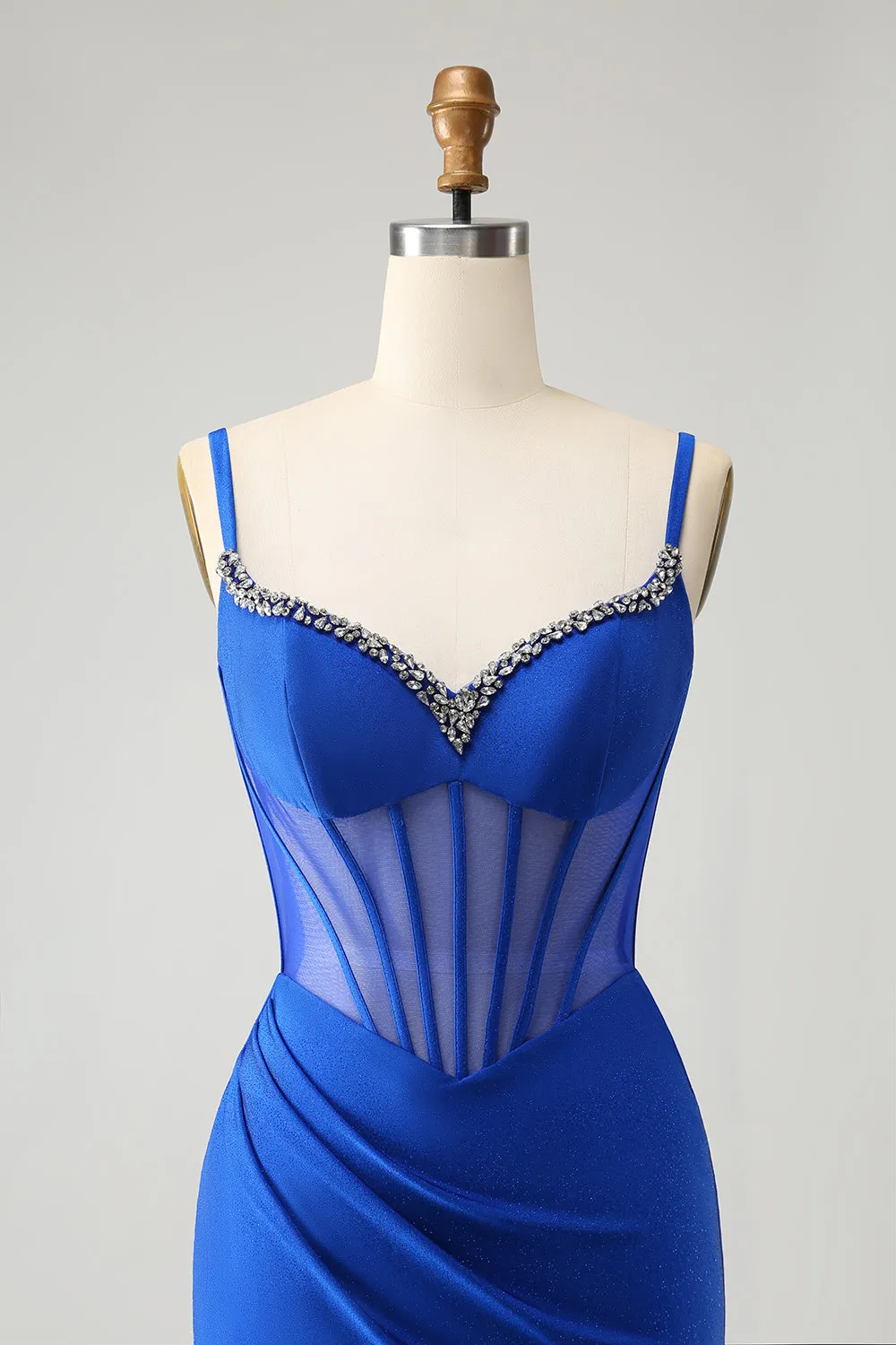 Sparkly Royal Blue Mermaid Beaded Corset Long Prom Dress with Slit sold by Zapaka product image thumbnail 4