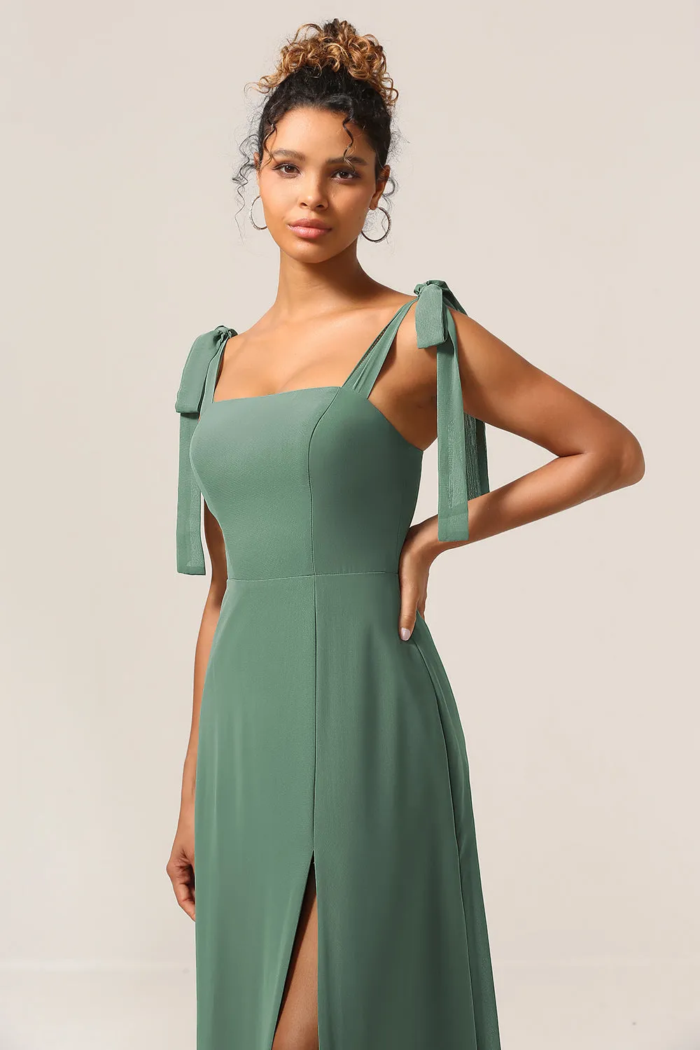 A Line Spaghetti Straps Eucalyptus Tie Straps Bridesmaid Dress With Slit sold by Zapaka product image thumbnail 5
