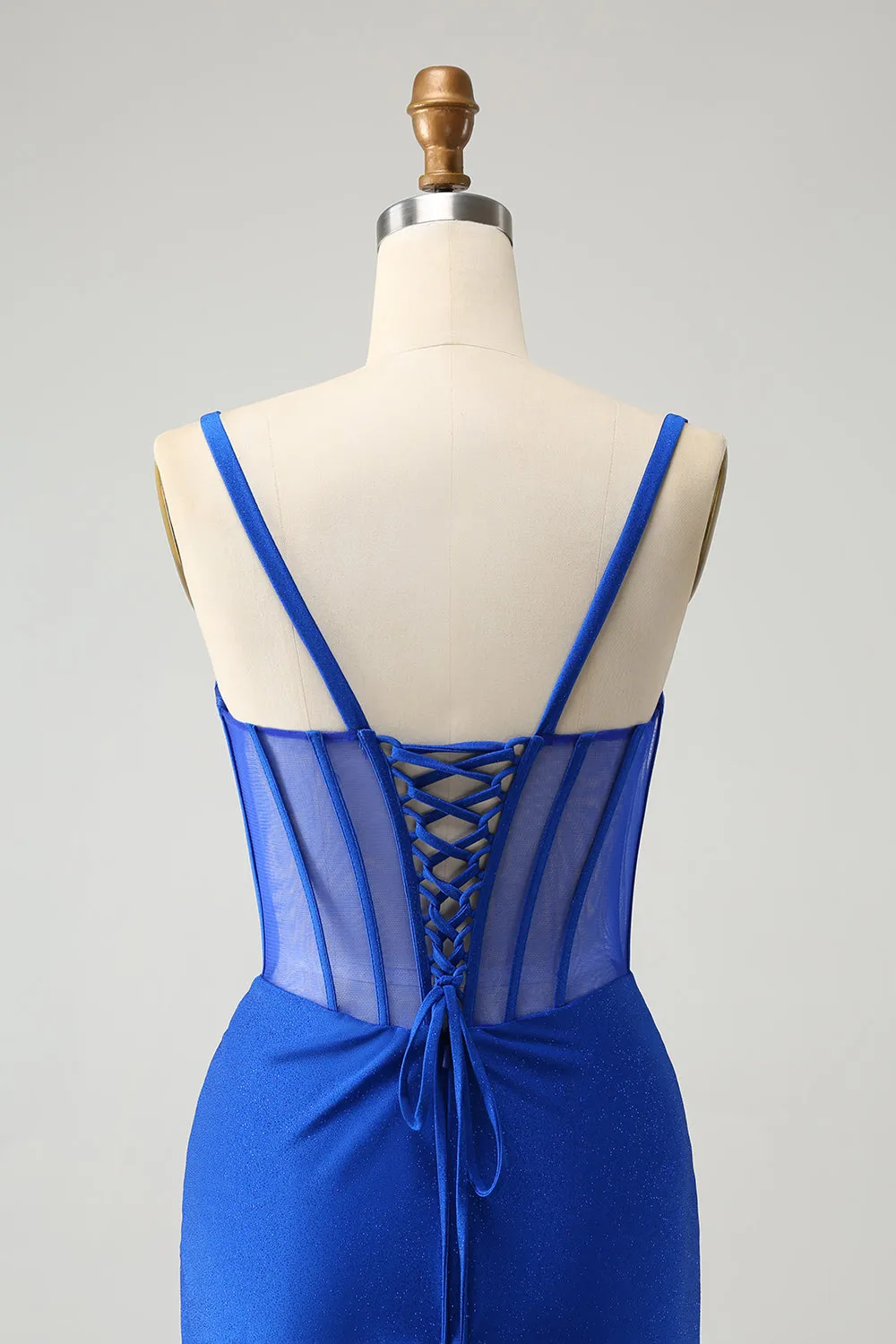 Sparkly Royal Blue Mermaid Beaded Corset Long Prom Dress with Slit sold by Zapaka product image thumbnail 5