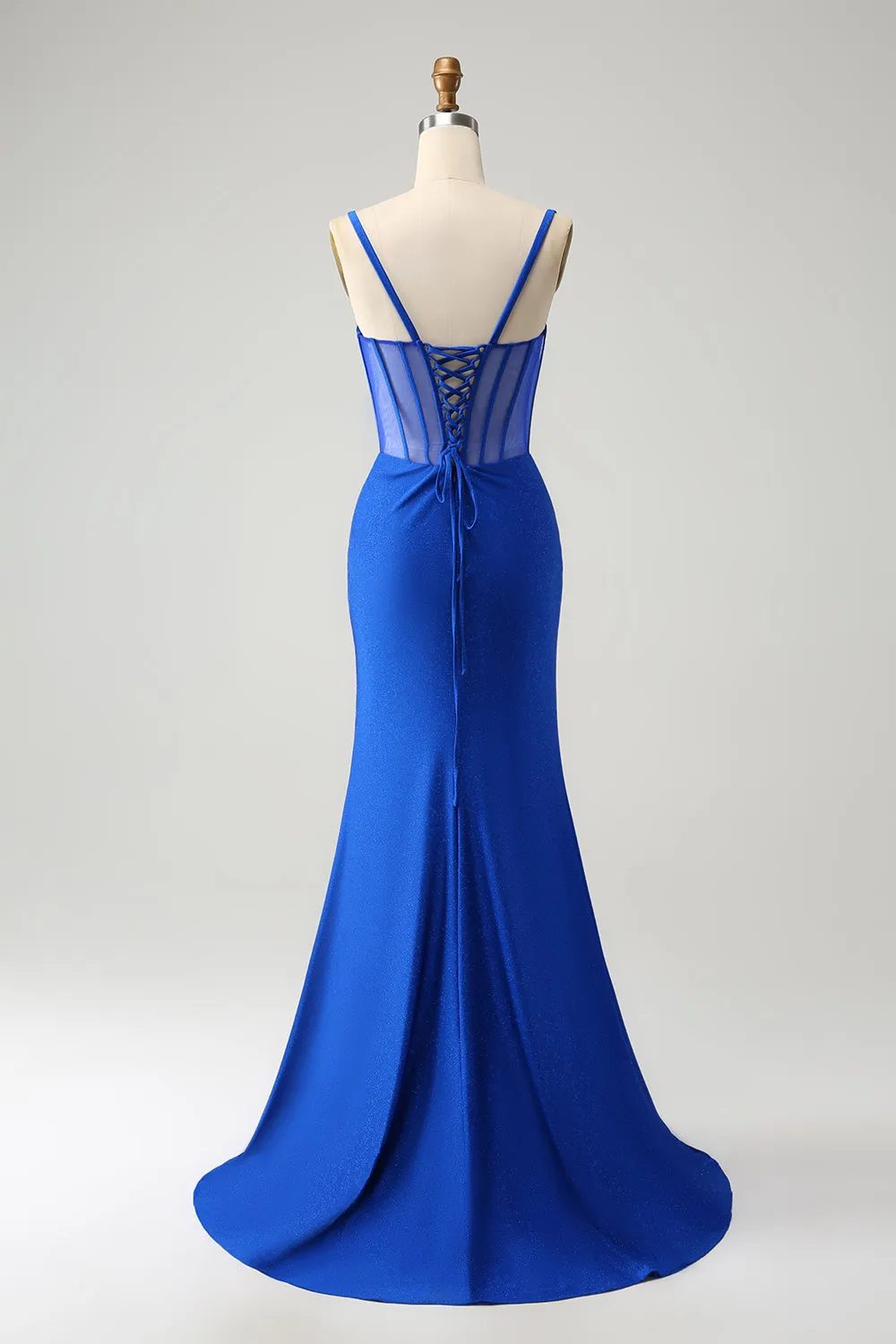 Sparkly Royal Blue Mermaid Beaded Corset Long Prom Dress with Slit sold by Zapaka product image thumbnail 2