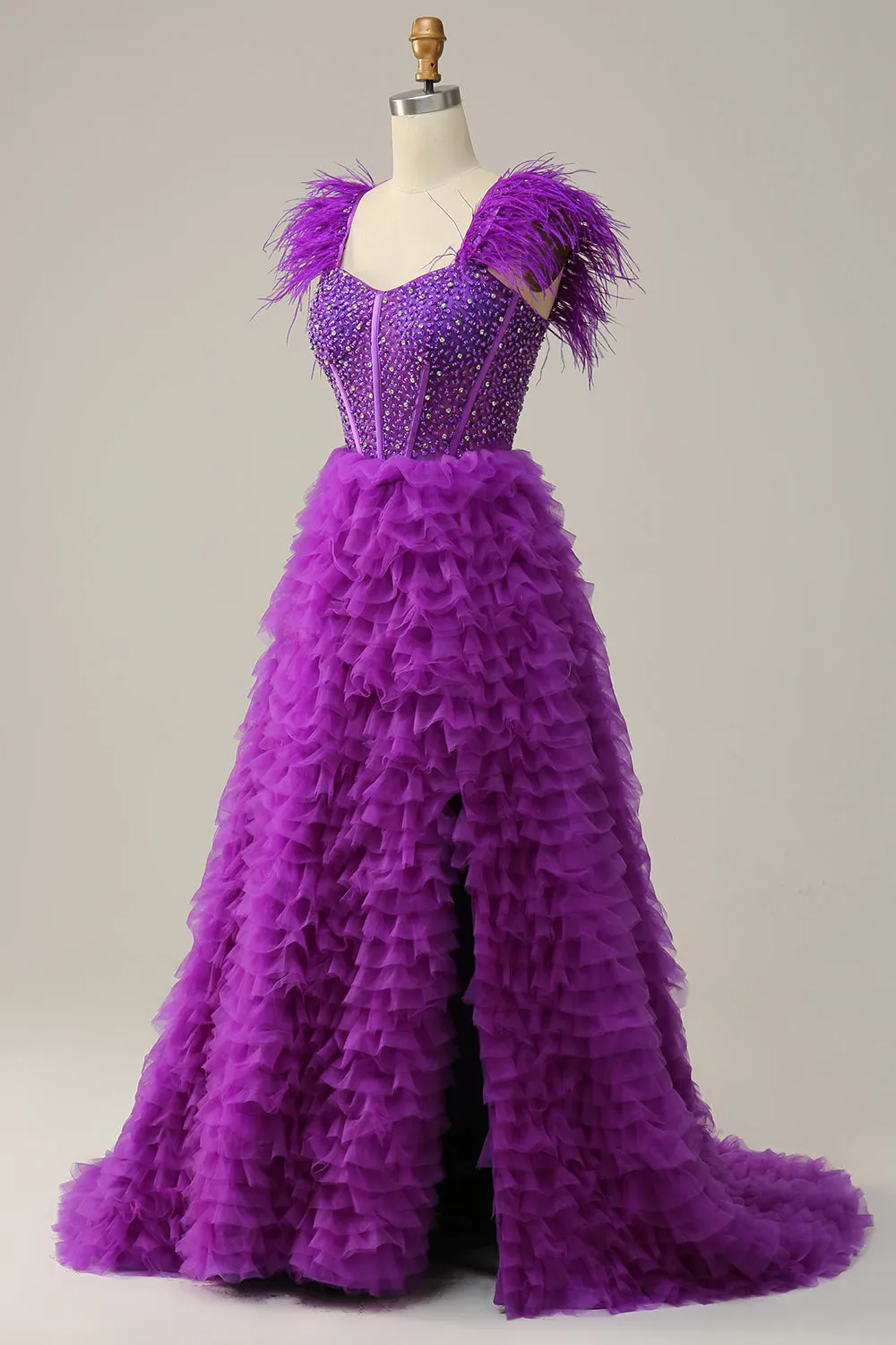 A Line Sweetheart Purple Long Prom Dress with Beading Feathers sold by Zapaka product image thumbnail 3