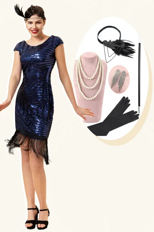 Blue Sequins Fringes Gatsby Dress with 1920s Accessories Set sold by Zapaka