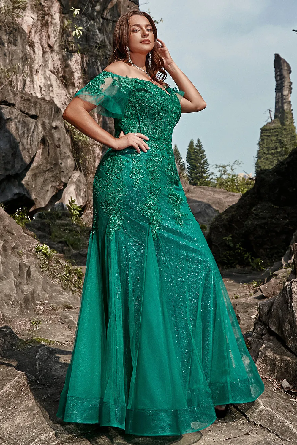 Mermaid Off the Shoulder Dark Green Plus Size Prom Dress with Appliques sold by Zapaka product image thumbnail 5