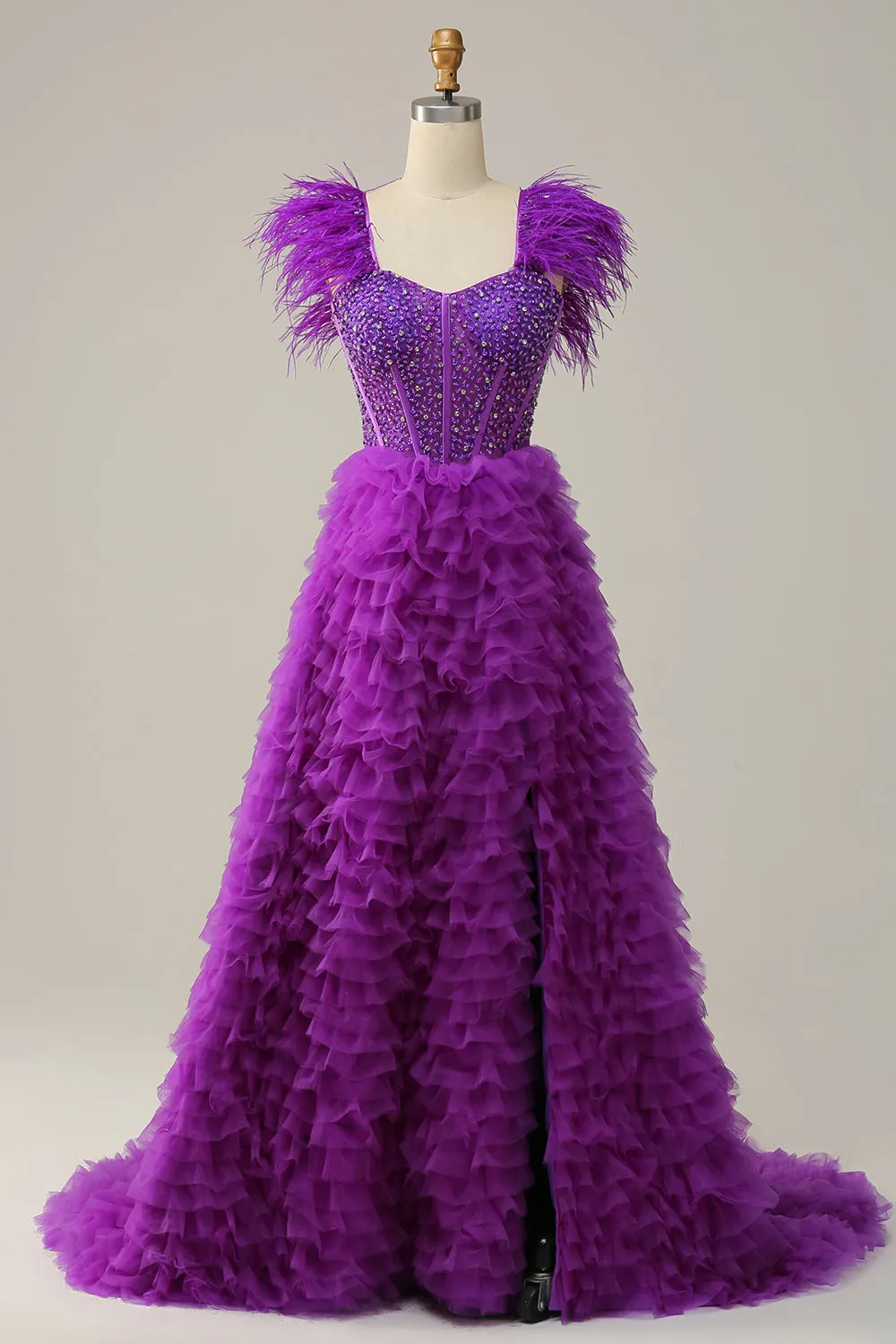 A Line Sweetheart Purple Long Prom Dress with Beading Feathers sold by Zapaka