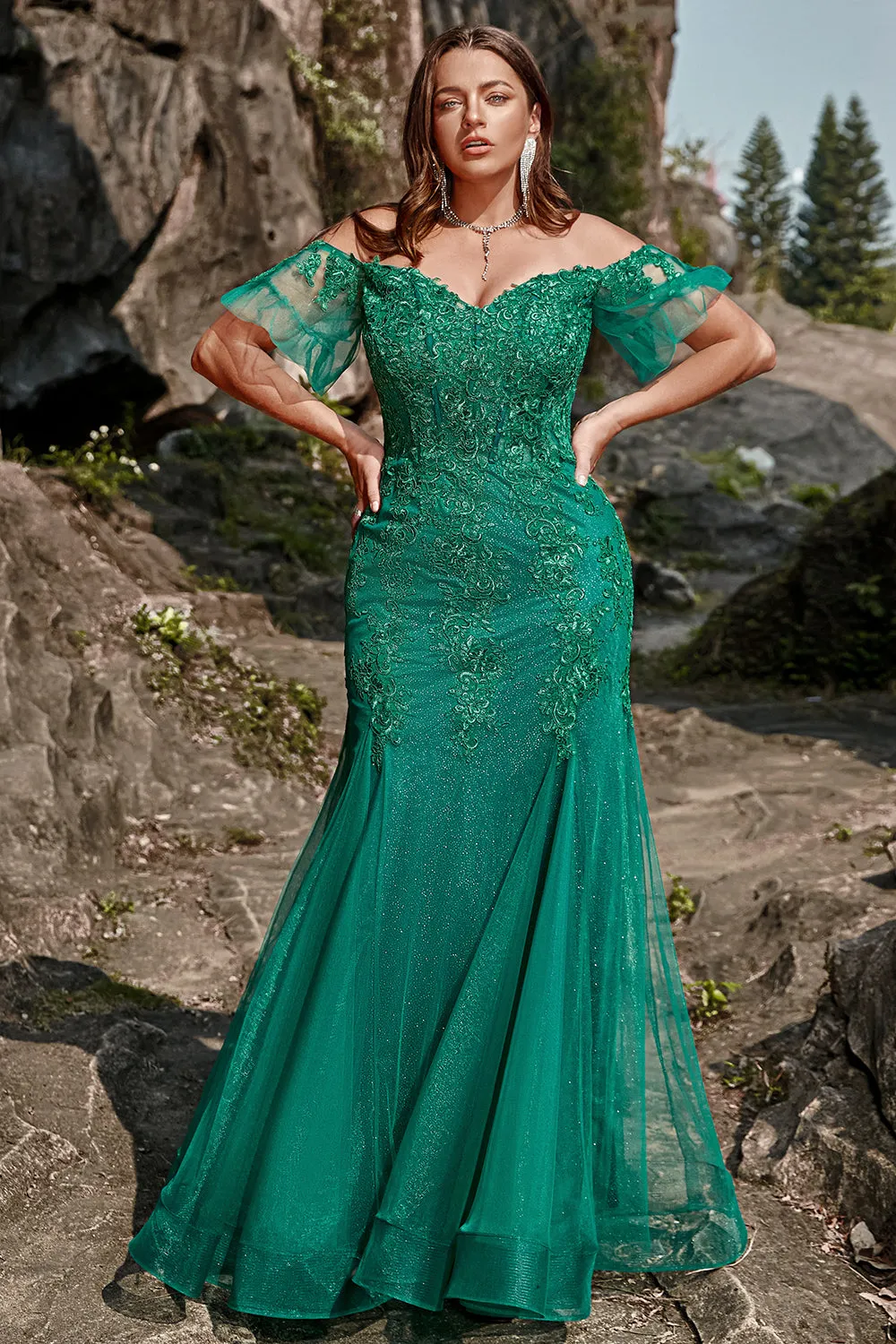 Mermaid Off the Shoulder Dark Green Plus Size Prom Dress with Appliques sold by Zapaka