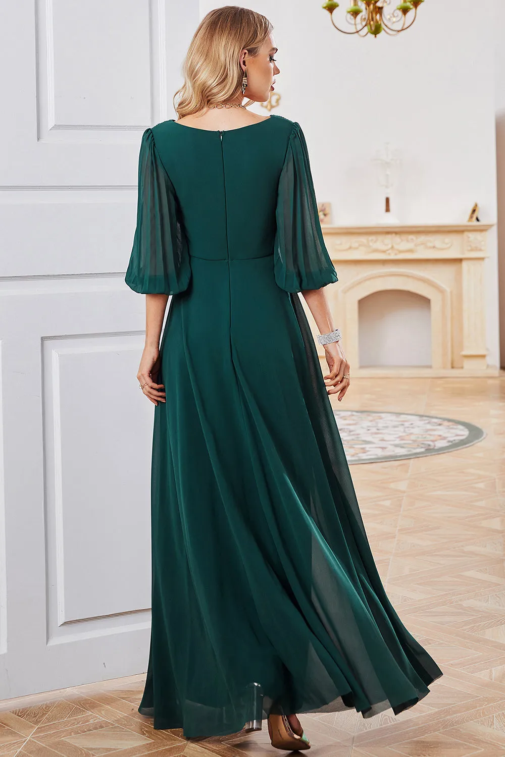 A-Line Dark Green V-Neck Chiffon Long Prom Dress sold by Zapaka product image thumbnail 2