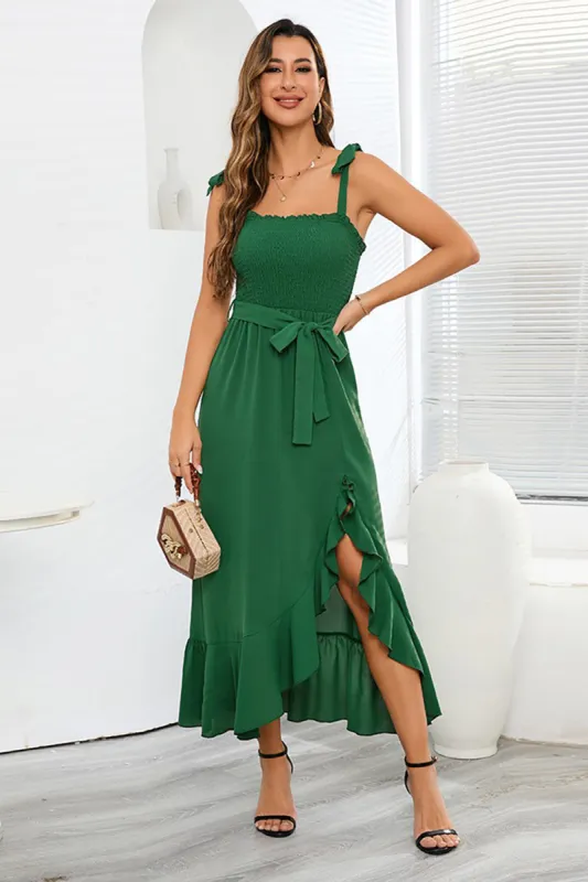 Spaghetti Straps Green Summer Dress with Belt sold by Zapaka