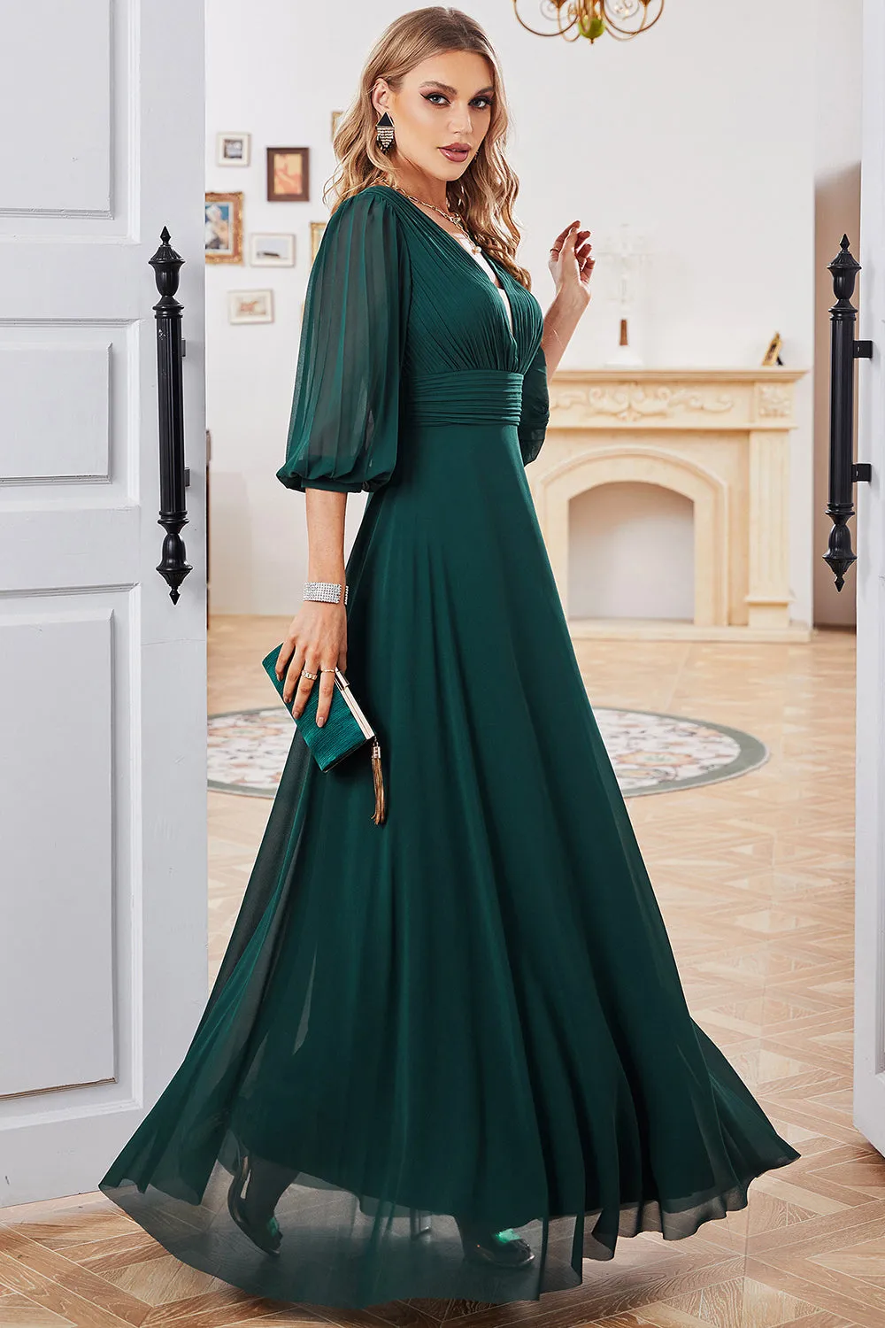 A-Line Dark Green V-Neck Chiffon Long Prom Dress sold by Zapaka product image thumbnail 4