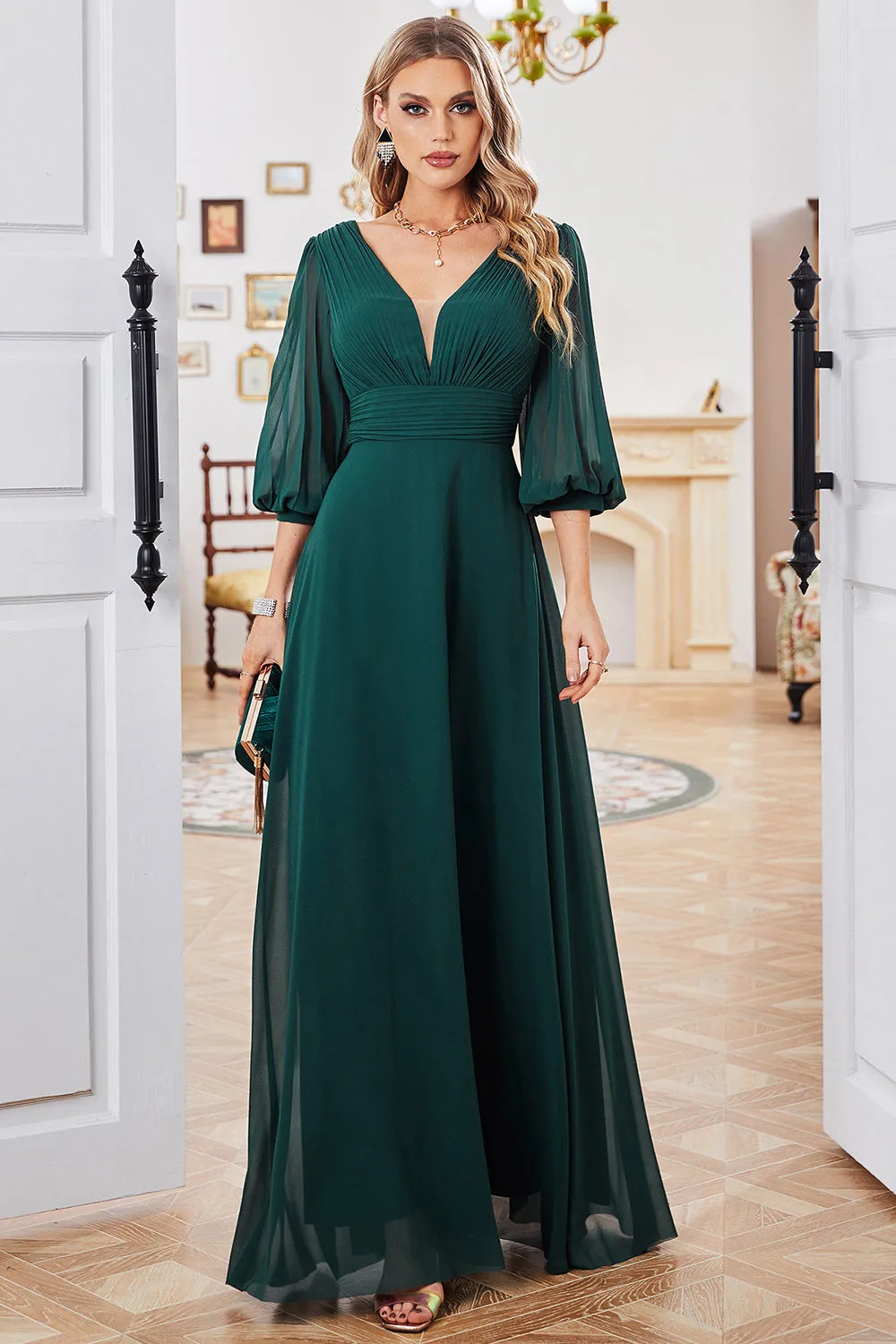 A-Line Dark Green V-Neck Chiffon Long Prom Dress sold by Zapaka