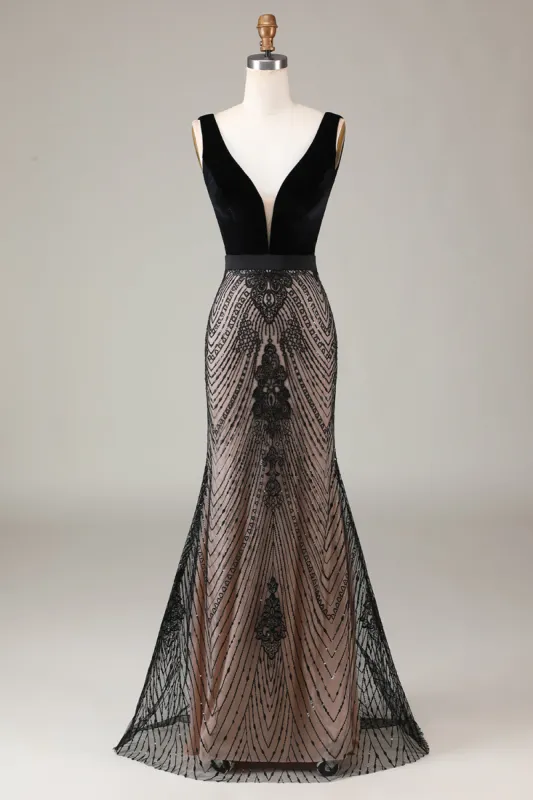 Mermaid Deep V Neck Black Long Prom Dress with Open Back sold by Zapaka