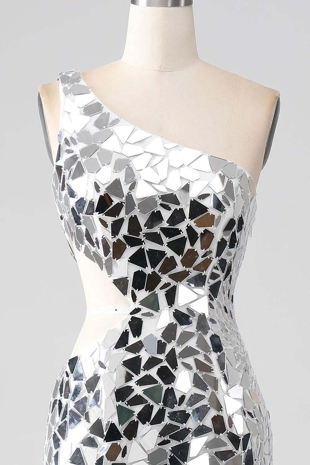 Silver Mirror Sequins One Shoulder Prom Dress with Hollow-out sold by Zapaka product image thumbnail 4