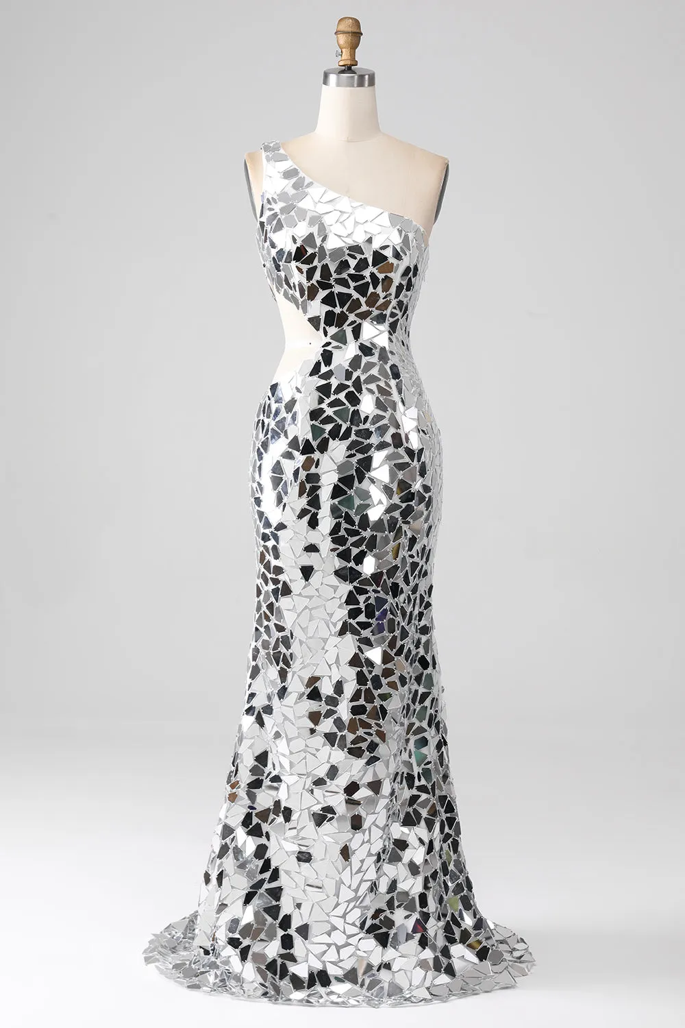Silver Mirror Sequins One Shoulder Prom Dress with Hollow-out sold by Zapaka