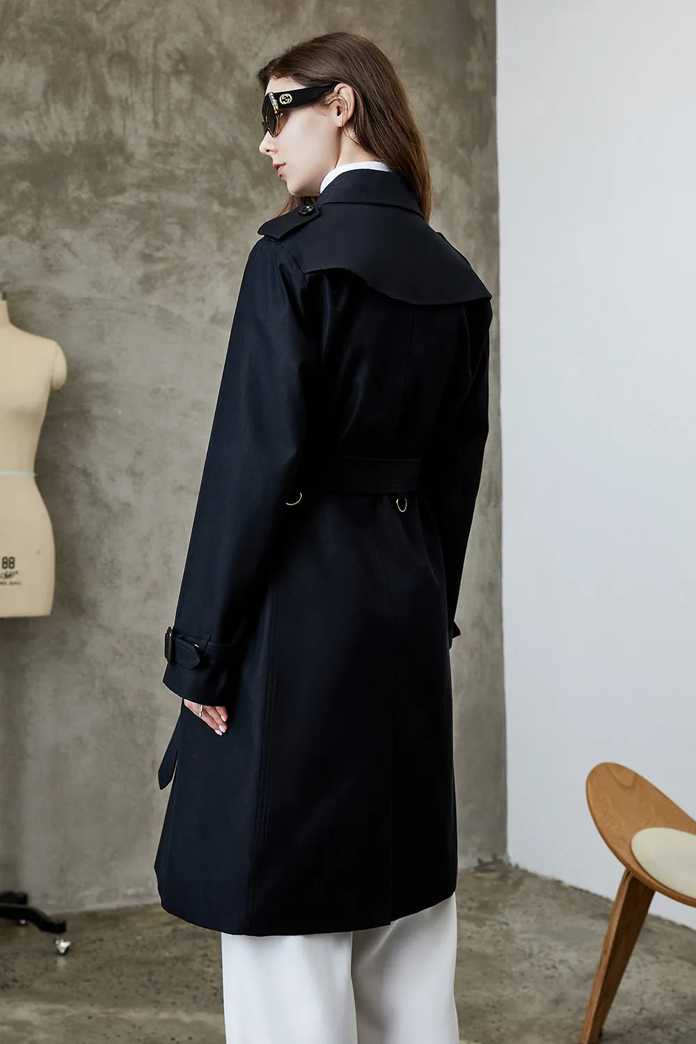 Black Lapel Double Breasted Trench Coat with Belt sold by Zapaka product image thumbnail 4