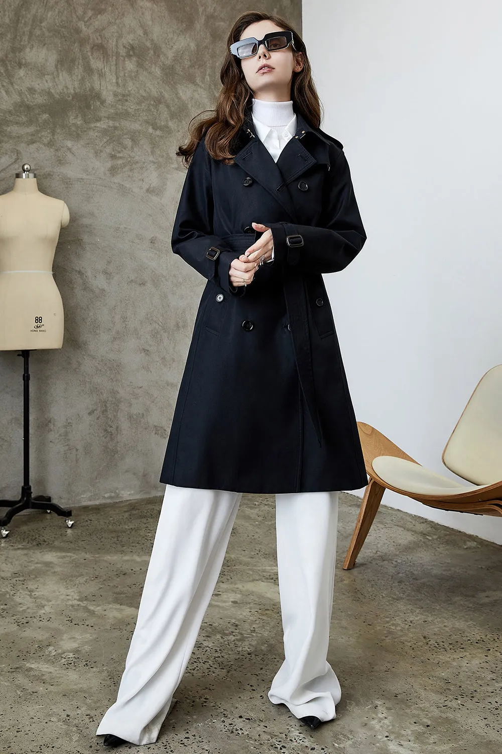 Black Lapel Double Breasted Trench Coat with Belt sold by Zapaka