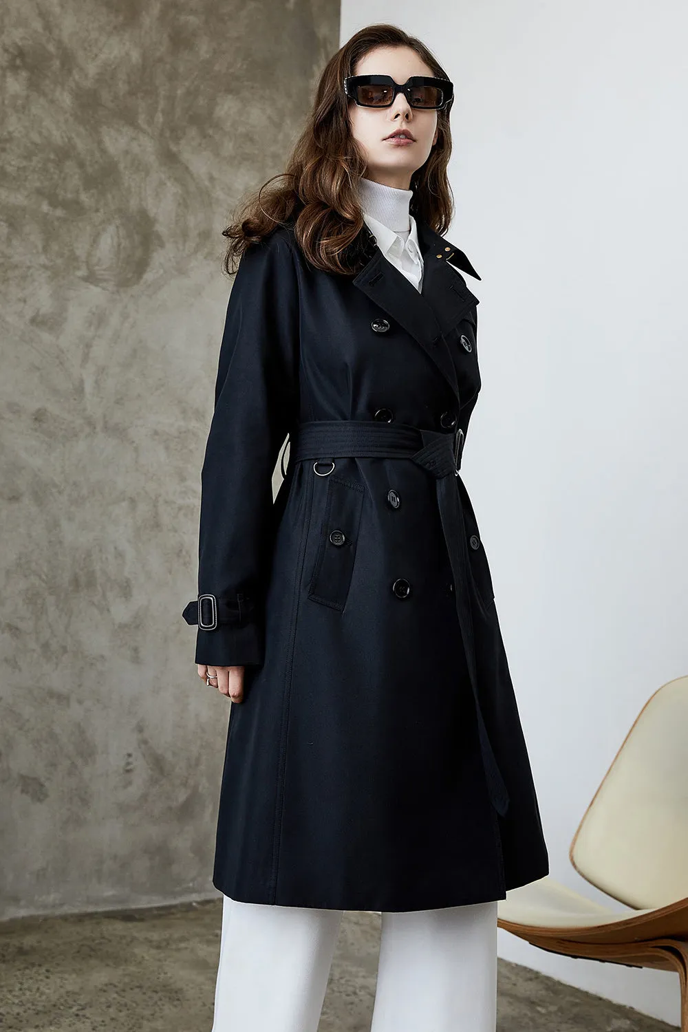 Black Lapel Double Breasted Trench Coat with Belt sold by Zapaka product image thumbnail 3