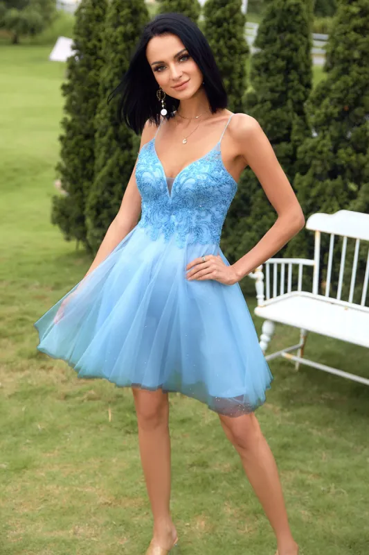 Blue A-line Cute Homecoming Dress with Appliques sold by Zapaka