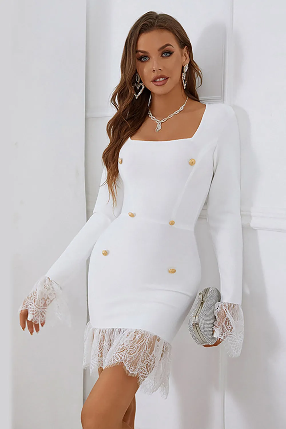 White Mermaid Square Neck Bodycon Dress With Long Sleeves sold by Zapaka