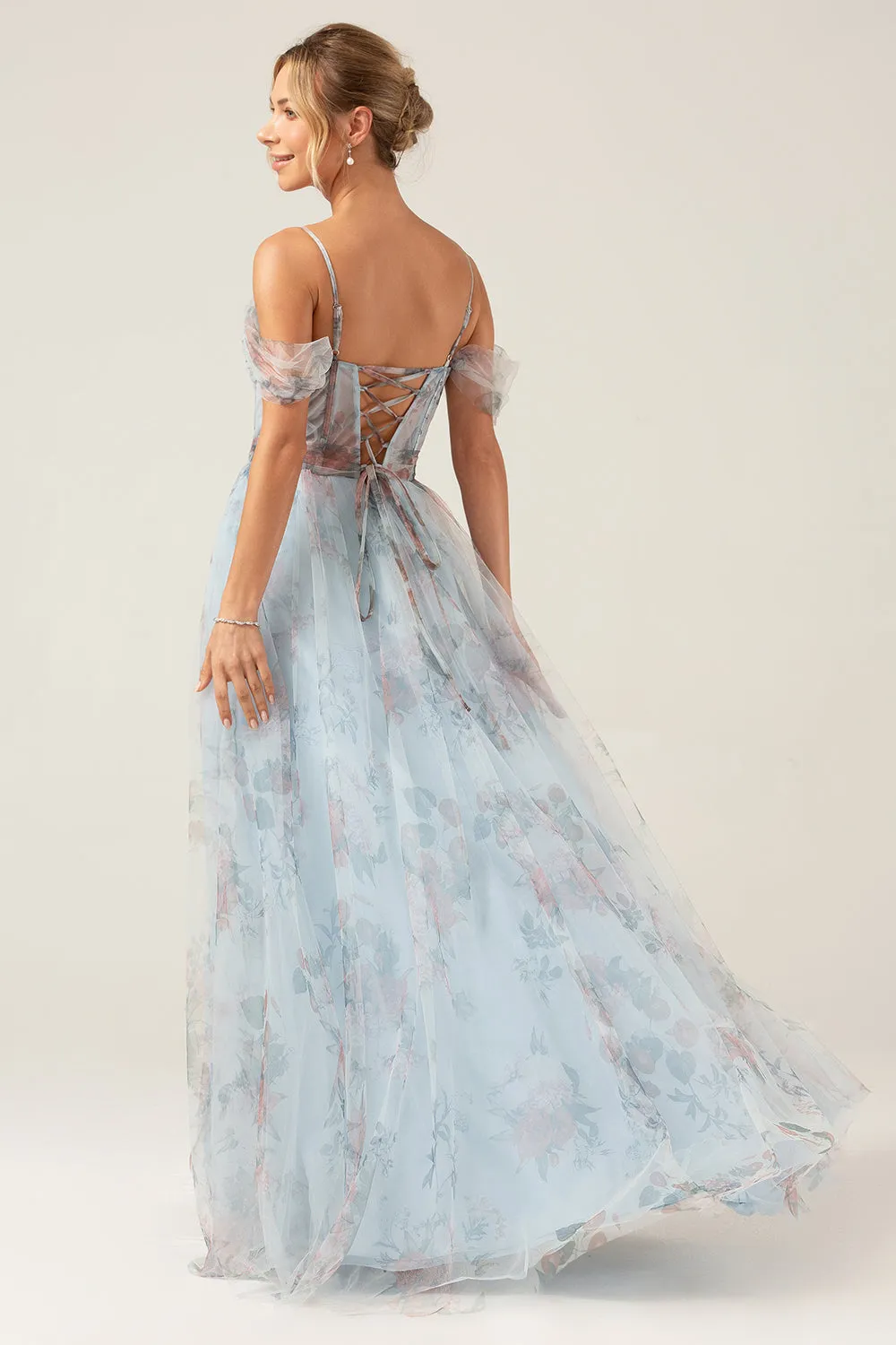 Cold Shoulder A-Line Blue Printed Long Corset Prom Dress with Slit sold by Zapaka product image thumbnail 2